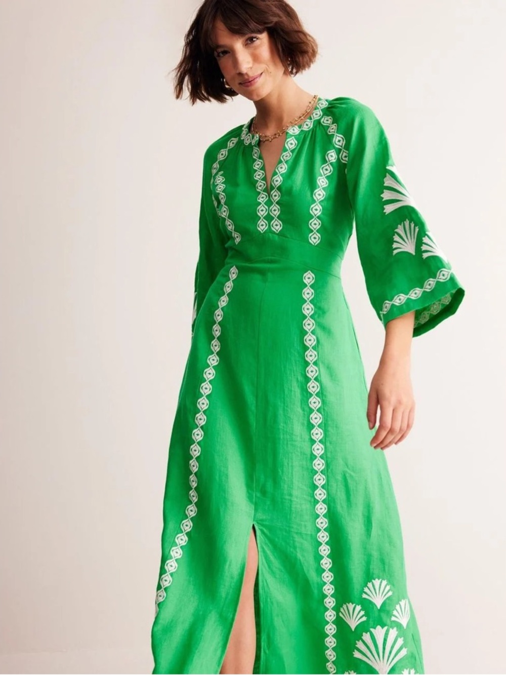 Boden Women's Green Una Linen Embroidered Dress 8p